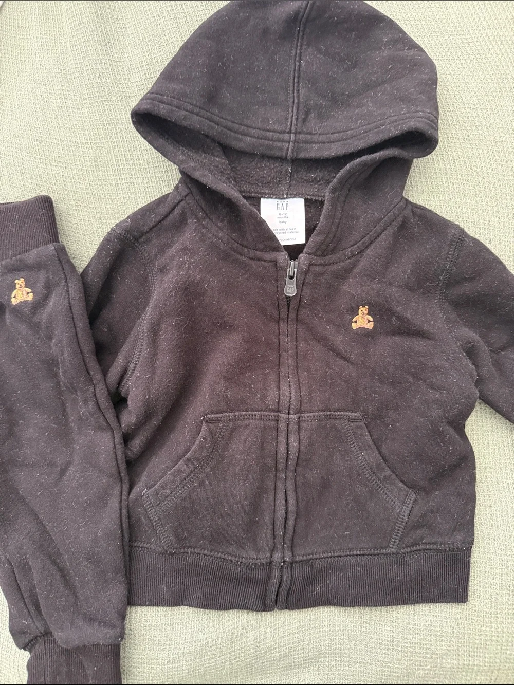Kids Black Hooded Zip-Up Sweatshirt with Teddy Embroidery